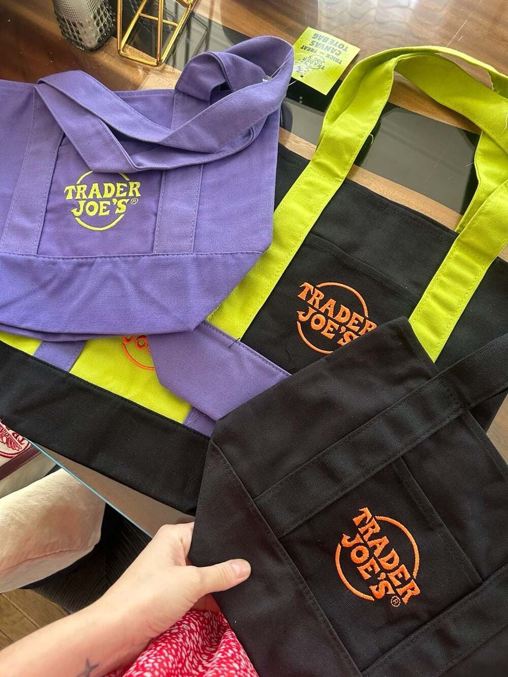 Trader Joe's Halloween Tote Bag Set of 2 Black, Purple Canvas and Neon lime gree